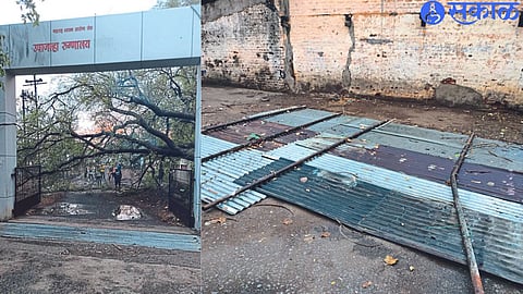 A tree lying near the entrance of Upazila Hospital. The second photo shows a roof blown down near a mosque in the city.
