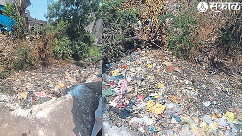 Plastic and garbage accumulated in the drain near Triveni temple in the city.