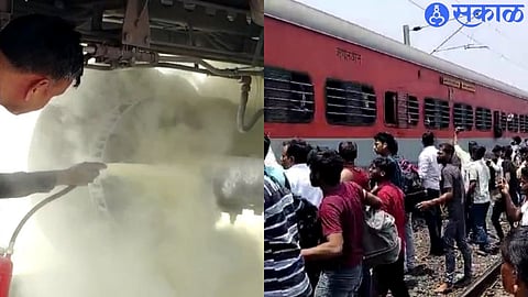 Railway staff cooling the liner with a spray pump on the overhead liner in the second photo showing the parked Godan Express and passengers.