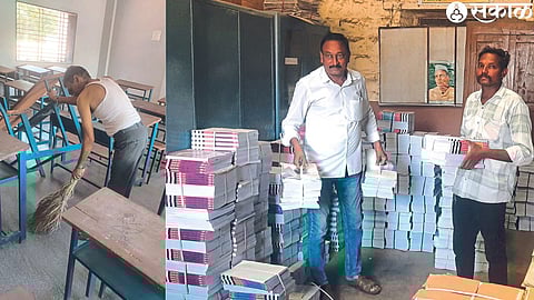 Staff cleaning classrooms on the occasion of school entrance festival.
