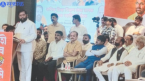 Chief Minister Eknath Shinde while speaking at a meeting of the district educational institute directors and teachers held in Nashik on Saturday. Guardian Minister Dada Bhuse, Kishor Darade,