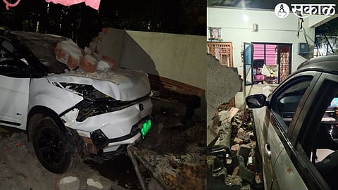 A speeding car broke through the protective wall of a row house in Shivajinagar. Another photo shows a damaged car.