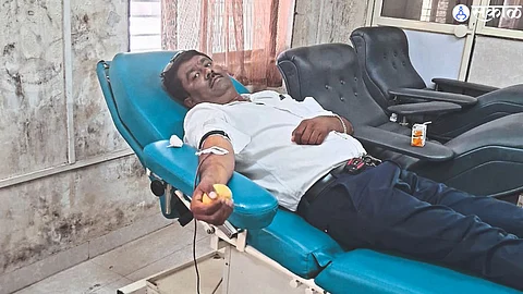 Nashik Pandurang Bhadange during the 47th blood donation at the Government Blood Bank here.