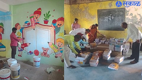 c. Pu. Classrooms being decorated in Patil Secondary School. In Shivdarshan Vidyalaya, preparations are underway to give books to the students on the very first day.