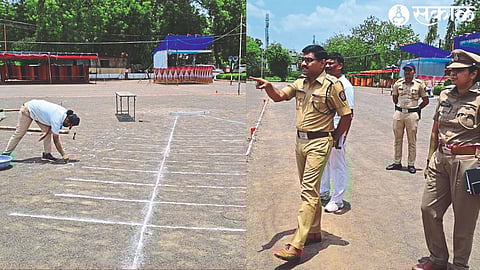 Preparations going on at police drill ground for district police force recruitment. Superintendent of Police Shrikant Dhiware during the inspection in the second photo
