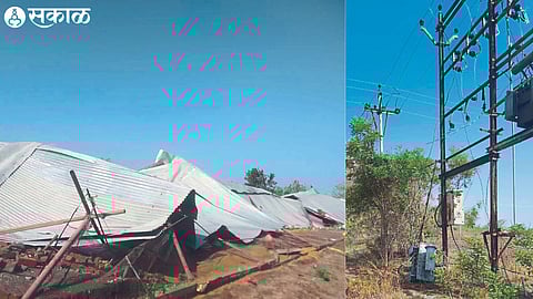 Poonam Laxman Deore's poultry farm was washed away during the Thursday evening storm at Kakor Shivara on Chinchkhede road. In the second photograph, Rohitra is lying horizontally.