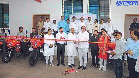 Guardian Minister Anil Patil during the distribution of emergency fire bikes. Neighboring Tribal Development Minister