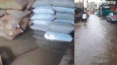 Water entering the ration shop in HUDCO area and wet ration grains. Rainwater on DJ Road.