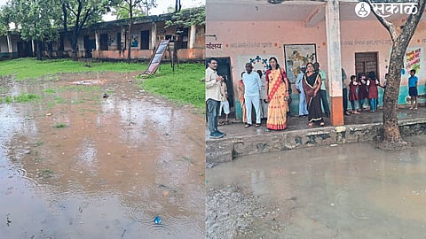 Zilla Parishad school ground due to infiltration of drain water ponds. In the second photograph, group education officer V. B. Ghuge, Education Extension Officer B. A. Bhamre etc.