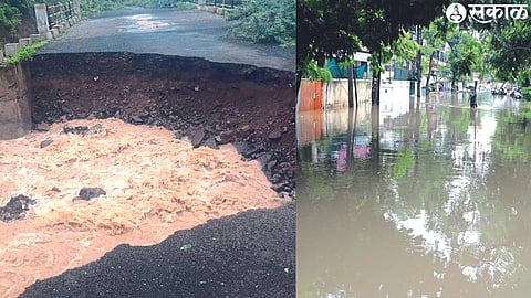 Fupanagari to Vadnagari road washed away by rain water. Woman wading through standing water on the road.