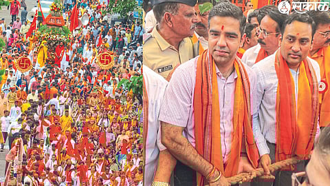 Nashikkar participating in the Rath Yatra organized by Shri Jagannath Puri Rath Yatra Utsav Samiti, Divisional Commissioner Praveen Gedam, District Collector Jalaj Sharma pulling the chariot in the second photo.