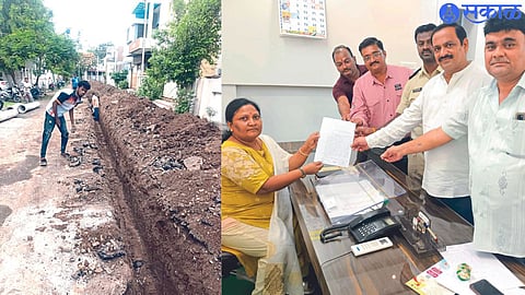 Excavation done after good road at Chorianagar on Malegaon Road. In the second photo, an angry resident is giving a statement to Deputy Commissioner Shobha Baviskar.