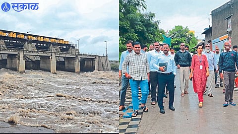 Provincial Officer Hemangi Patil, Tehsildar Vishal Naikwade while inspecting the flood situation here. Water pipes stuck to the bridge here.