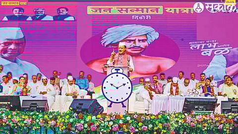 Deputy Chief Minister Ajit Pawar speaking at the commencement of Jan Sanman Yatra. Minister of Food and Civil Supplies Chhagan Bhujbal on the platform.
