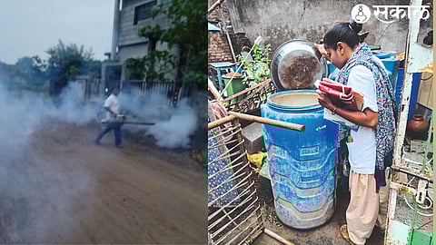Municipal team spraying in Gandhalipura area and health worker checking water samples from house to house in Bengali file area in second picture.