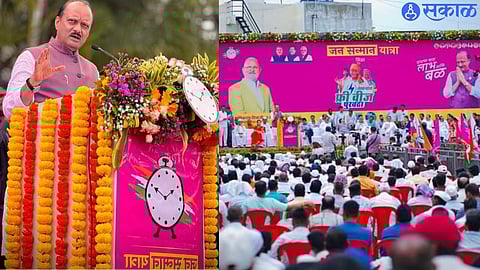 Deputy Chief Minister Ajit Dada Pawar speaking at the Jwalamata Lawns Farmers Meeting in Sinnar