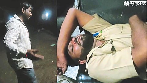 Nawapur Agar driver sleeping on the passenger seat under the influence of alcohol. Another photo shows another driver taking advantage of the darkness to escape.