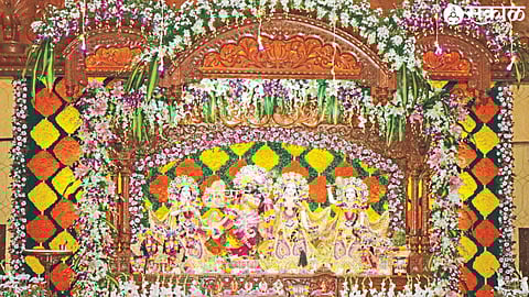 Decorations on the occasion of Sri Krishna Janmashtami festival at International Society for Krishna Consciousness (ISKCON) on Monday