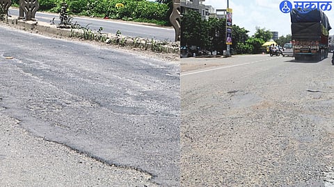 Potholes on the highway near Manraj Park. Damaged road near Govt ITI.