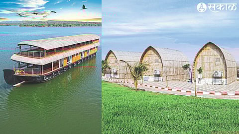 Cruise-like boat on developed island in the 'backwater' of Waghur Dam at Garkheda & Bamboo huts in the 'backwater' area of Waghur Dam at Garkheda in Jamner Taluk.