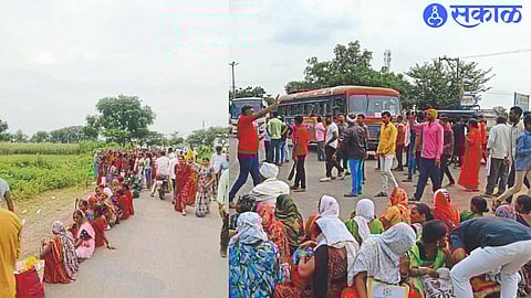 Women sitting to pick up utensils and laborers blocking the road in the second photo.