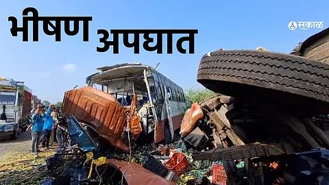 Scene of the tragic accident where an ST bus collided with a truck on Jalna-Vadigodri Road, leaving 5 dead and several injured.