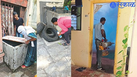 The staff of Dhule Municipal Malaria Department while carrying out measures such as container survey, abatement, dusting etc. in various areas.