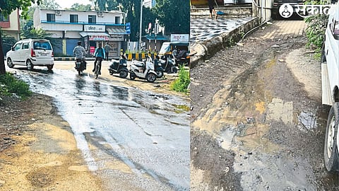 Foul smelling water flowing into the road from blocked drainage in Shubham Park area. In the second picture, sewage has come to the road due to blocked drainage in the Kamtawade Link Road area.