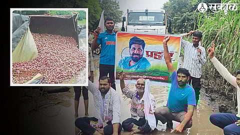 Prahar officials along with Sagar Nikale while protesting by sitting in a pothole on the highway. The overturned tractor in the second photo.