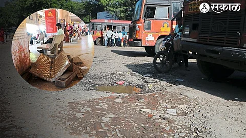 Potholes in bus stand area & dilapidated cement benches for passengers