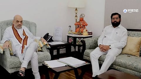Amit Shah and Eknath Shinde during their meeting discussing seat-sharing and election strategies for the Maharashtra Assembly elections.