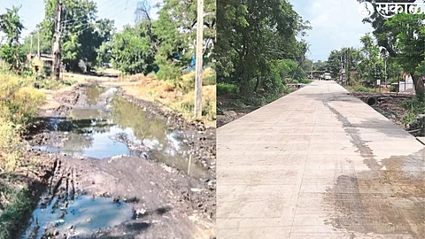 The deplorable condition of the road leading to Dahigaon before concreting and the second photo shows the road after concreting.