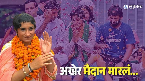 Vinesh Phogat with supporters after winning the Julana constituency election.