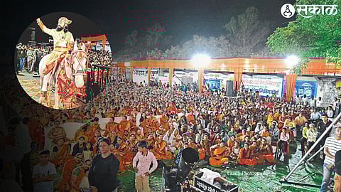 Chhatrapati's entry on a horse during the entry of 'Shivarayanche Eighth Ave Roop' at Chandori while the audience present in the second photograph