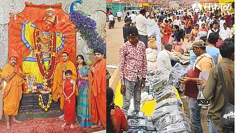 Narendra Patil, Divisional Commissioner Praveen Gedam and Parivar & crowds of businessmen and devotees on the main road at Saptshringgad on the occasion of Panchamrit Mahapuja on Saptami of Adimaye's Navratri festival.