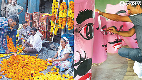 Flowers are in high demand on Dussehra, the eve of which is brought for sale at Sunday Karanja. Artists painting Ravana's masks.