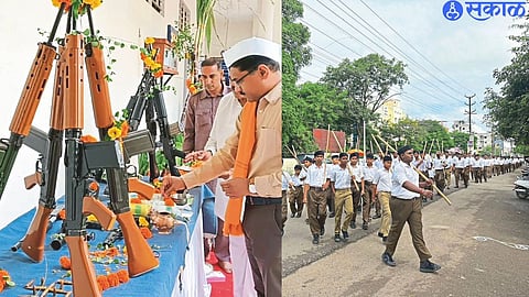Road march of Rashtriya Swayamsevak Sangh on the occasion of Dussehra. Shrikant Dhiware during Shastrap Puja at Police Headquarters.