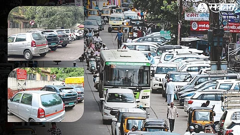 Vehicles parked on Bhar Street on MG Road.