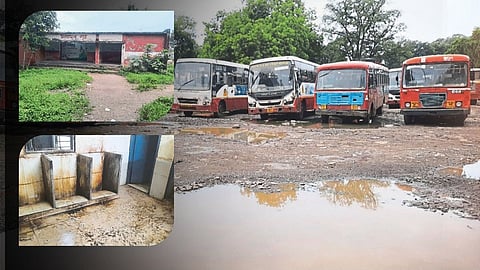 Grass and bushes growing in front of bus station toilets & unsanitary conditions in bus station conductors, conductors toilets.