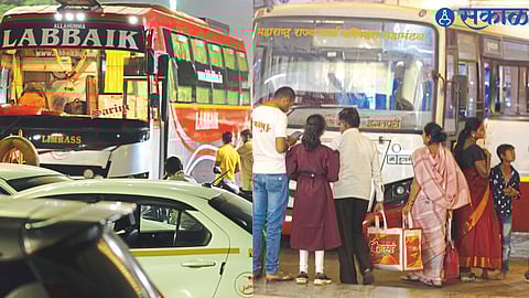 A private bus parked outside Thakkar Bazar bus stand. On the occasion of Diwali, ST is crowded to go to the village. Passengers waiting for ST at Mela Bus Stand.