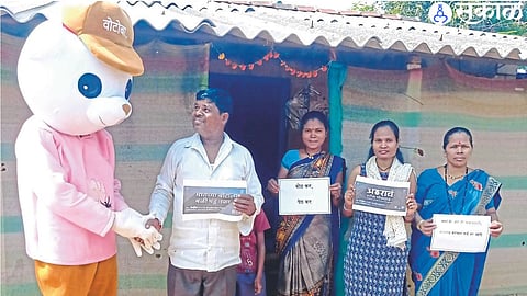 Mascot 'Votoba' during public awareness about voting at the new Central Bus Stand (Mela) here.