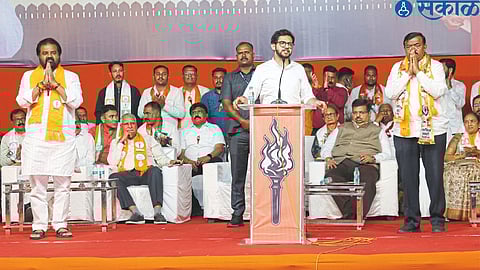 Shiv Sena Uddhav Balasaheb Thackeray's Yuva Sena chief Aditya Thackeray speaking at a meeting held here on Friday to campaign for Mahavikas Aghadi candidates. Mahavikas Aghadi leaders and candidates on the platform.
