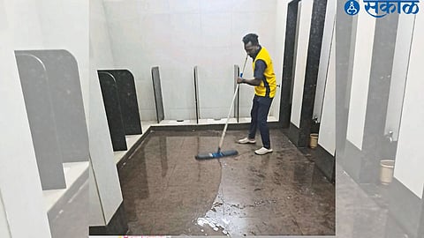 Staff while cleaning toilets
