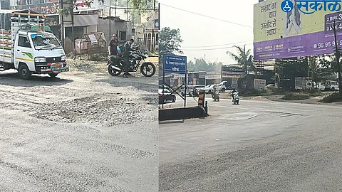 Fadol Chowk, Mirchi area starting from Ring Road. In the second photo, potholes in Vidi Kamgar Chowk.