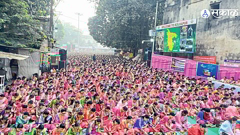 Thousands of women participating in the 10th annual Kumkumarchan ceremony organized by Mahalakshmi Annachatra Seva Trust, celebrating spirituality and community empowerment.