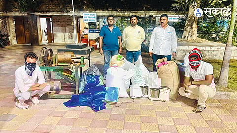 Goods worth Rs. 3.82 lakh seized during a raid at a Mawa center in Pathardi, as authorities clamp down on illegal activities.