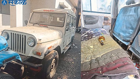 Government Jeep of Group Development Officers. Liquor bottle in registered government jeep of Group Development Officer in Panchayat Samiti.
