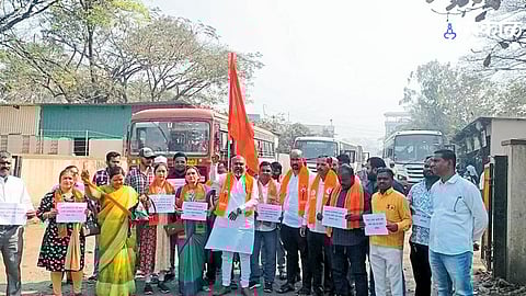 Shiv Sena leaders and workers protest against the ST fare hike, demanding better wages and fair treatment for employees.