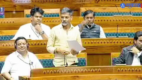 Nilesh Lanke speaking in Parliament, highlighting agriculture and health issues, and targeting milk price hikes."