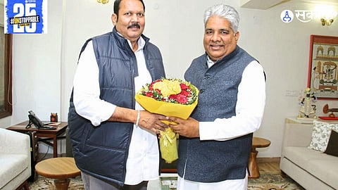 Udayanraje presenting the "Jai Jai Krushne Project" proposal to Union Environment Minister Bhupender Yadav.